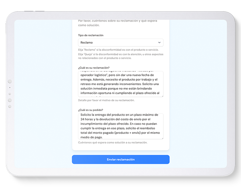 Formulario público del Libro de Reclamaciones Virtual para registrar una nueva reclamación