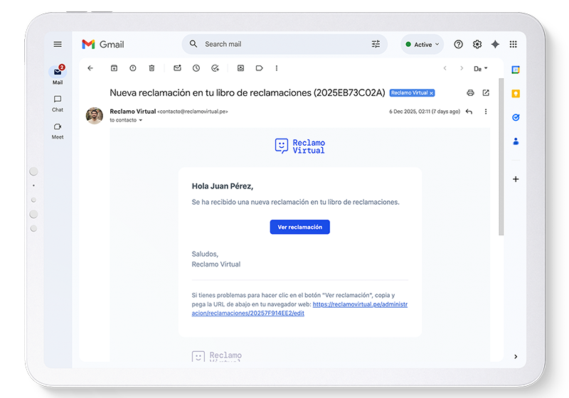 Notificación de una nueva reclamación recibida en Reclamo Virtual