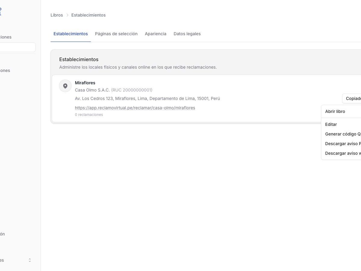 Opciones del establecimiento: copiar enlace, generar QR y descargar el aviso.
