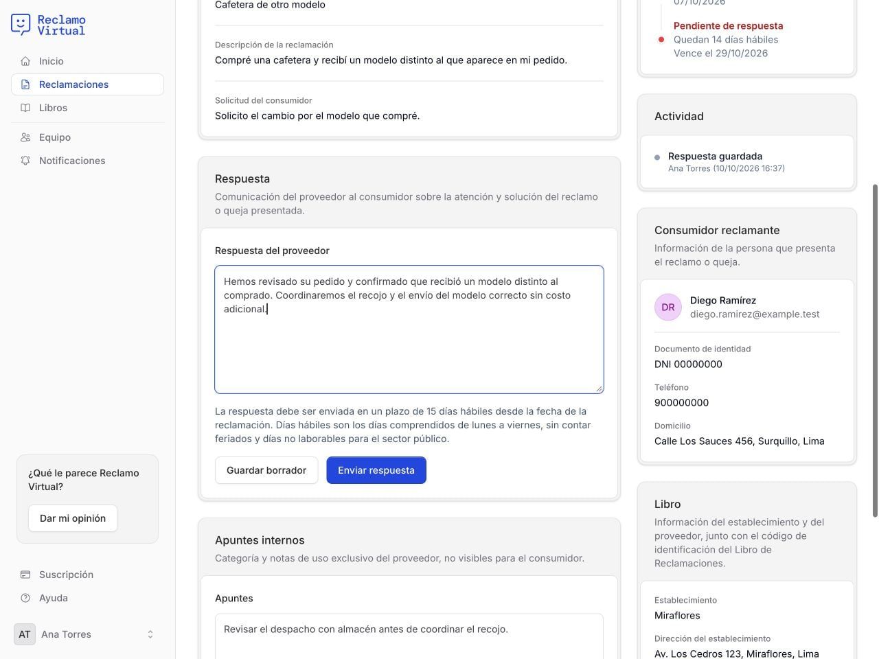 Un caso ficticio con los botones Guardar borrador y Enviar respuesta.