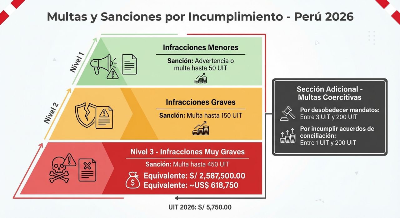 Tipos de sanciones y multas por incumplimiento de protección al consumidor en Perú 2026