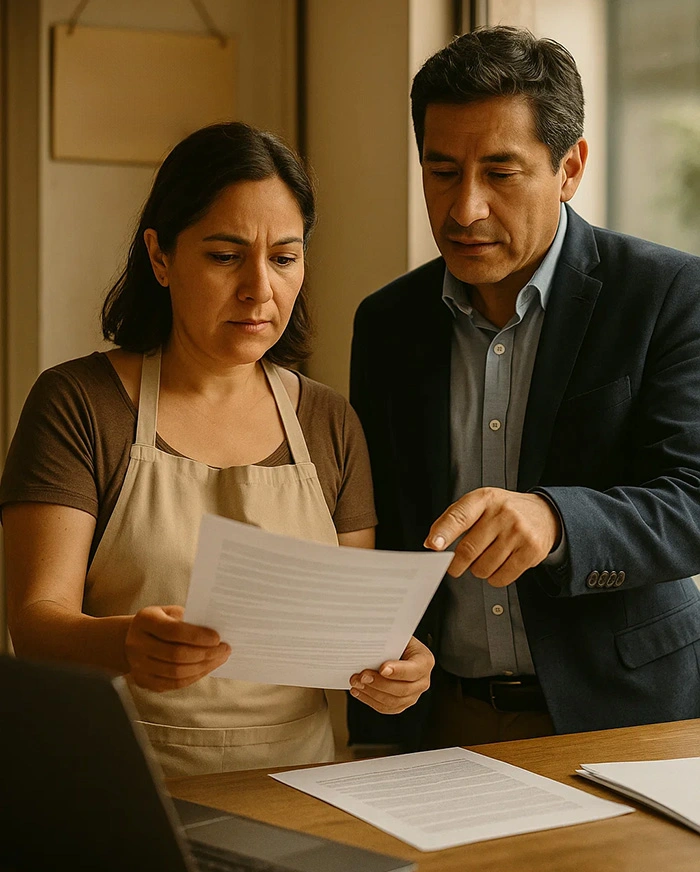 Empresaria y abogado revisando documentos legales con preocupación por cumplimiento normativo