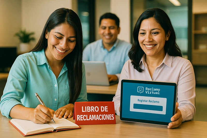 Dos mujeres sonrientes registran un reclamo en un entorno de oficina: una escribe en un libro físico de reclamaciones con un cartel rojo que dice ‘LIBRO DE RECLAMACIONES’, mientras la otra sostiene una tablet que muestra la interfaz de Reclamo Virtual. Un hombre en el fondo trabaja con una laptop.