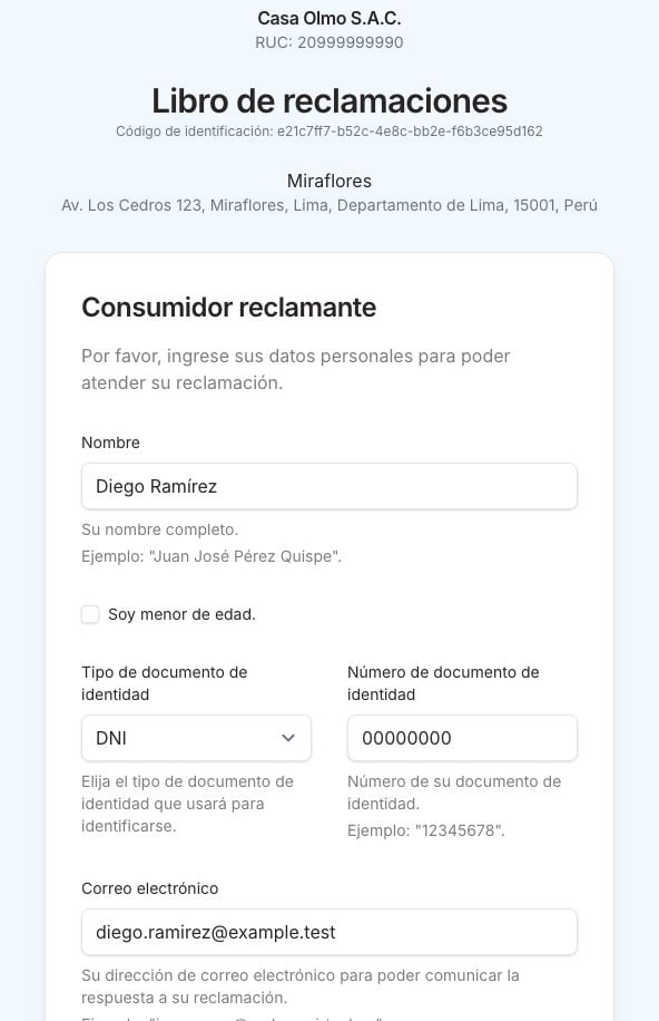 Libro de una tienda de ejemplo: datos del proveedor y formulario para presentar una reclamación.